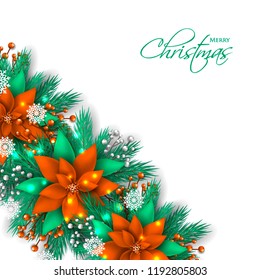 Red Poinsettia Christmas party invitation vector template greeting card with pine and fir branches  berry wreath in the snowflake, lights