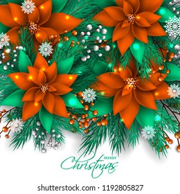 Red Poinsettia Christmas party invitation vector template greeting card with pine and fir branches  berry wreath in the snowflake, lights