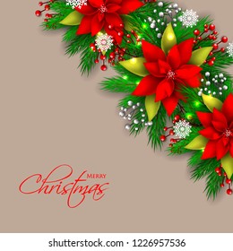 Red Poinsettia Christmas party invitation vector template greeting card with pine and fir branches red berry wreath in the snowflake, lights, brown chocolate background