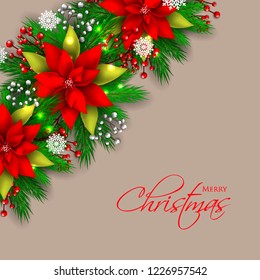 Red Poinsettia Christmas party invitation vector template greeting card with pine and fir branches red berry wreath in the snowflake, lights, brown chocolate background