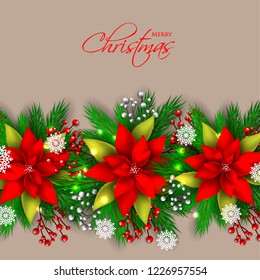 Red Poinsettia Christmas party invitation vector template greeting card with pine and fir branches red berry wreath in the snowflake, lights, brown chocolate background