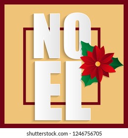 Red Poinsettia Christmas party invitation flyer ,Christmas card, paper art greeting card, invitation, red frame, yellow background, Christmas star, Noel card, poinsettia realistic, papercraft