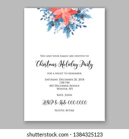 Red Poinsettia Christmas Party Invitation Winter floral wreath illustration card template blue Fir tree branch red blue berry