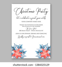 Red Poinsettia Christmas Party Invitation Winter floral wreath illustration card template blue Fir tree branch red blue berry