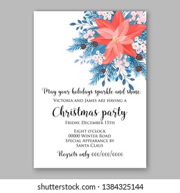 Red Poinsettia Christmas Party Invitation Winter floral wreath illustration card template blue Fir tree branch red blue berry