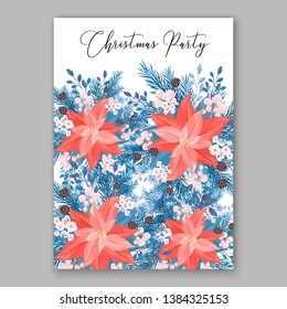 Red Poinsettia Christmas Party Invitation Winter floral wreath illustration card template blue Fir tree branch red blue berry