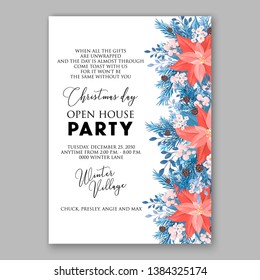 Red Poinsettia Christmas Party Invitation Winter floral wreath illustration card template blue Fir tree branch red blue berry