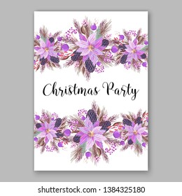 Red Poinsettia Christmas Party Invitation Winter floral wreath illustration card template blue Fir tree branch red blue berry