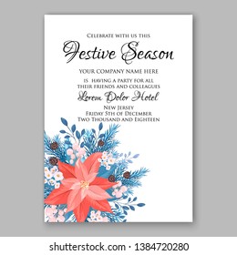 Red Poinsettia Christmas Party Invitation Winter floral wreath illustration card template blue Fir tree branch red blue berry