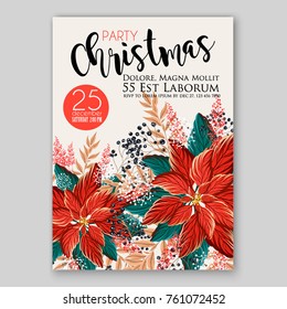 Red Poinsettia Christmas Party Invitation Vector Card Template