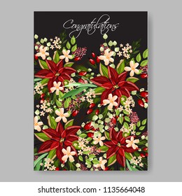 Red poinsettia fir pine flower wedding invitation Christmas party invitation poster vector winter floral wreath on chalkboard