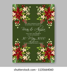 Red poinsettia fir pine flower wedding invitation Christmas party invitation poster vector winter floral wreath green chlkboard