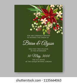 Red poinsettia fir pine flower wedding invitation Christmas party invitation poster vector winter floral wreath green chlkboard