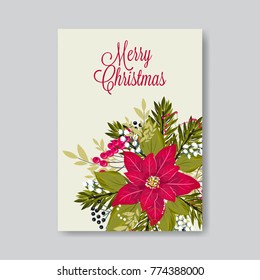 Red Poinsettia fir wreath berry Christmas Party invitation vector template