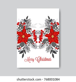 Red Poinsettia fir wteath berry Christmas Party invitation vector template