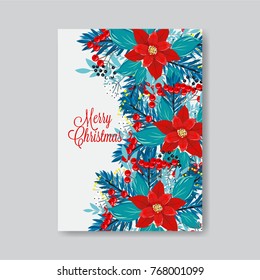 Red Poinsettia fir wteath berry Christmas Party invitation vector template