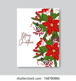 Red Poinsettia fir wteath berry Christmas Party invitation vector template