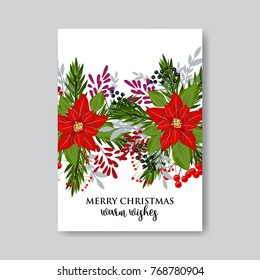 Red Poinsettia fir wteath berry Christmas Party invitation vector template