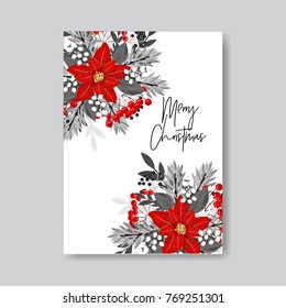 Red Poinsettia fir wteath berry Christmas Party invitation vector template