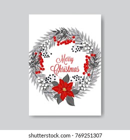 Red Poinsettia fir wteath berry Christmas Party invitation vector template