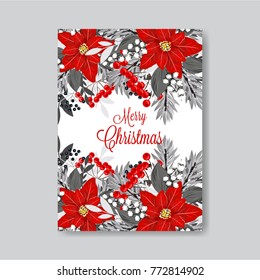 Red Poinsettia fir wteath berry Christmas Party invitation vector template