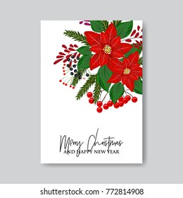 Red Poinsettia fir wteath berry Christmas Party invitation vector template