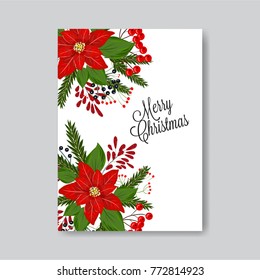 Red Poinsettia fir wteath berry Christmas Party invitation vector template