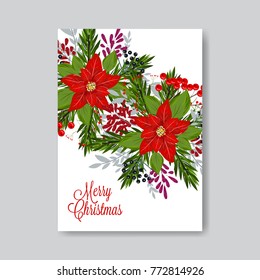 Red Poinsettia fir wteath berry Christmas Party invitation vector template