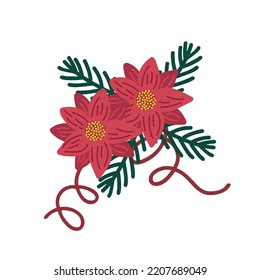 Red poinsettia flower, branches traditional winter holidays plant, simple vector illustration, Merry Christmas, Happy New Year seasonal festive decor for greeting card, invitation, clipart, sticker