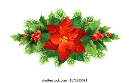 Red poinsettia flower Christmas illustration. Xmas wreath. Poinsettia flower, mistletoe, fir-tree branches decoration. Christmas ornamental plants. Postcard floral design element. Isolated vector