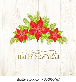 Red poinsettia flower isolated over wooden background. Vector illustration.