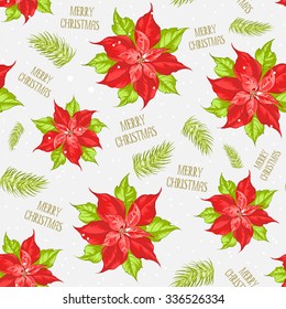 Red poinsettia flower pattern. Seamless christmas background with christmas star. Handmade floral seamless pattern with poinsettia. Vector illustration.