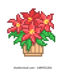 Red poinsettia flower in a pot, pixel art symbol of Christmas isolated on white background. 8 bit houseplant shop logotype. Old school vintage retro slot machine/video game graphics.