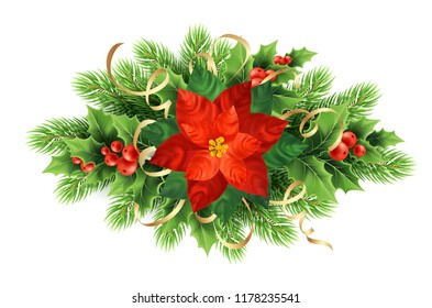 Red poinsettia flower realistic illustration. Xmas wreath in ribbons. Poinsettia flower, mistletoe, red berries, fir branches Christmas decor. Poster, banner floral design element. Isolated vector