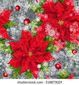 Red Poinsettia Flower Realistic Vector Illustration Seamless Pattern