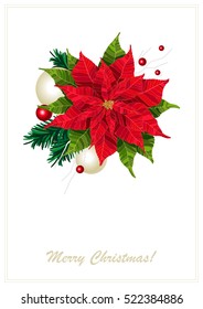 Red poinsettia flower realistic vector illustration postcard