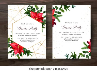 Red poinsettia flowers, christmas greenery, mix of seasonal plants vector design frame. Gold polygonal line art with shimmer. Geometric card. Winter chic wedding invitation. Isolated and editable.