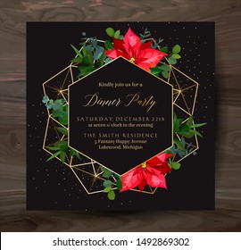 Red poinsettia flowers, christmas greenery, emerald eucalyptus, seasonal plants vector design frame on black. Winter chic wedding or new year party invitation line art card. Isolated and editable