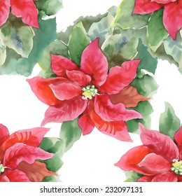 Red Poinsettia with Green Leaves seamless pattern on yellow background, vector illustration