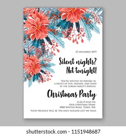 Red Poinsettia Merry Christmas Party Invitation Winter floral wreath illustration blue fir pine needle branches privet berry Peony Chrysanthemum