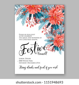 Red Poinsettia Merry Christmas Party Invitation Winter floral wreath illustration blue fir pine needle branches privet berry Peony Chrysanthemum