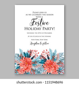 Red Poinsettia Merry Christmas Party Invitation Winter floral wreath illustration blue fir pine needle branches privet berry Peony Chrysanthemum