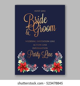 Red Poinsettia Wedding Invitation sample card beautiful winter floral ornament with gold wording
