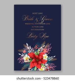 Red Poinsettia Wedding Invitation sample card beautiful winter floral ornament with gold wording