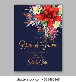 Red Poinsettia Wedding Invitation sample card beautiful winter floral ornament with gold wording