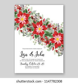 Red poinsettia winter fir greenery bouquet bride wedding invitation template design. Vector floral template background for party celebration bridal baby shower anniversary congratulation greeting card