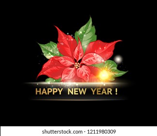 Red poinsettia wtih happy new year text isolatrd over black background. Vector illustration.