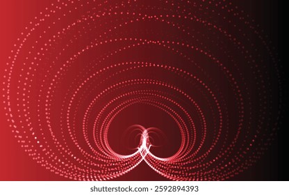 Red Point Cloud Vector: White Dots, Concentric Arches, Gradient Background, Ethereal Design, Futuristic Pattern, Digital Data Flow, Technological Art, Symmetrical Composition, Abstract Illustration.