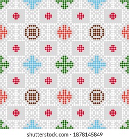 red point with four element geometric seamless pattern background textured, flat vector design illustration.