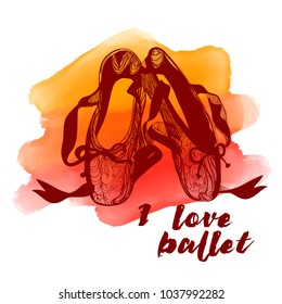 Red Pointe shoes. Abstract watercolor background. Ballet poster series easy to use. Vector.
